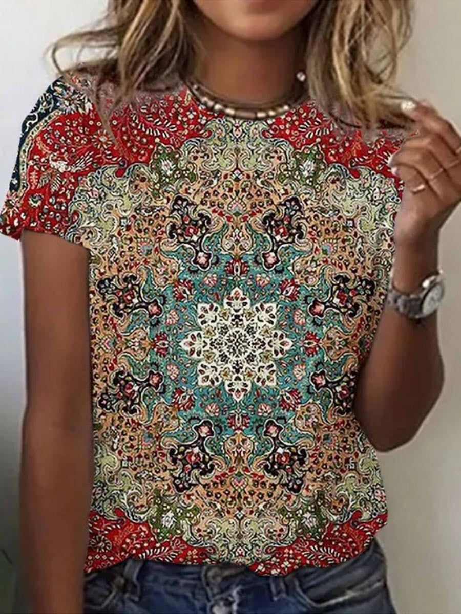 Casual Ethnic Mandala Printed Round Neck Short Sleeve T-shirt