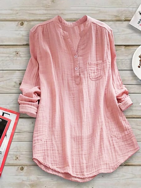 Plain Stand Collar Buttons Casual Long Sleeve Plus Size Blouse