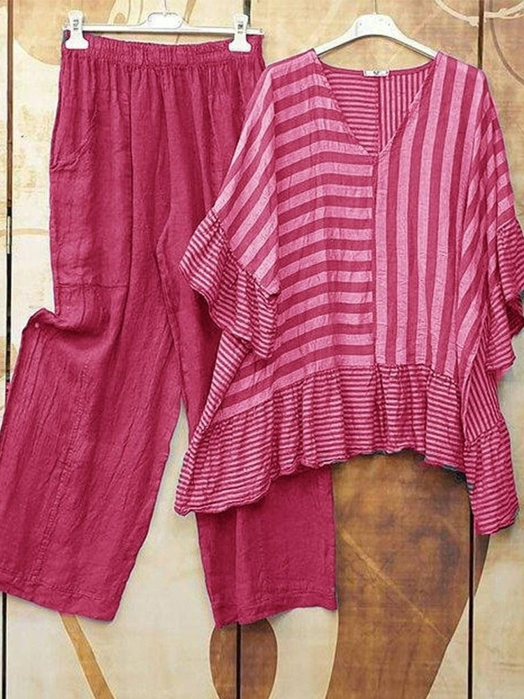 Stripe Printed Casual V Neck Half Sleeve Two Piece Sets