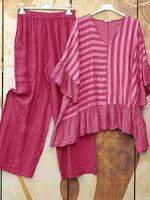 Stripe Printed Casual V Neck Half Sleeve Two Piece Sets
