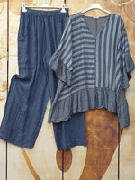 Stripe Printed Casual V Neck Half Sleeve Two Piece Sets