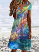 Ombre Casual V Neck Short Sleeve Short Dress