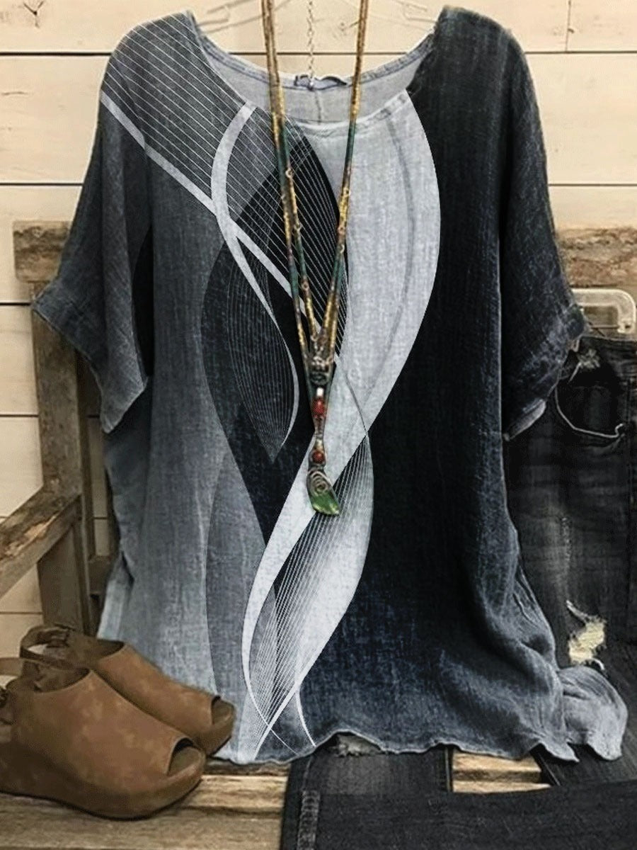 Black Casual Round Neck Geometric Printed Short Sleeve Blouse