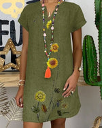 Green Floral Print Short Sleeve V-Neck Mini Dress