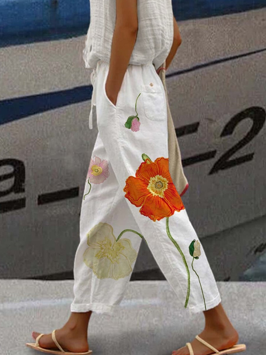Casual Floral Print Linen Loose Pants