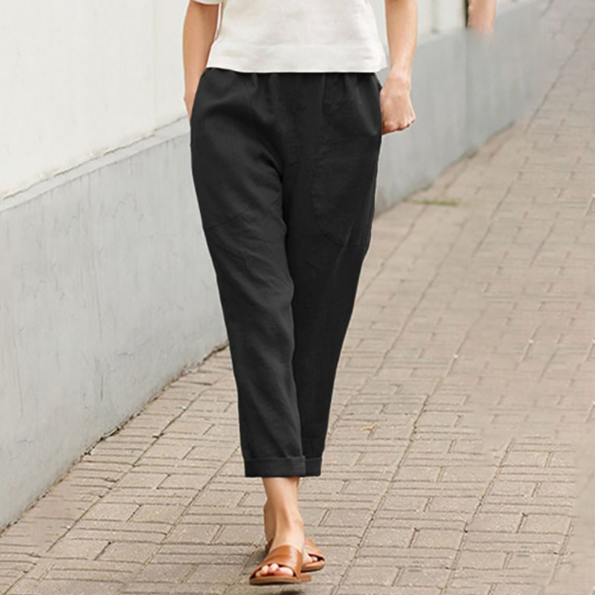 Black Side Pocket Plain Casual Pants