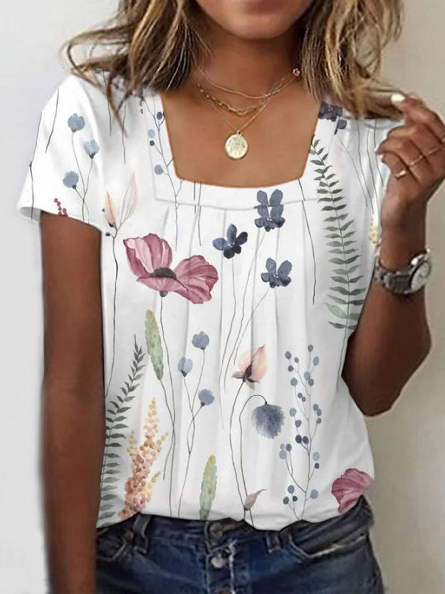 Women's Casual Summer Square NeckShort SleeveTrendyFloral Print Blouses