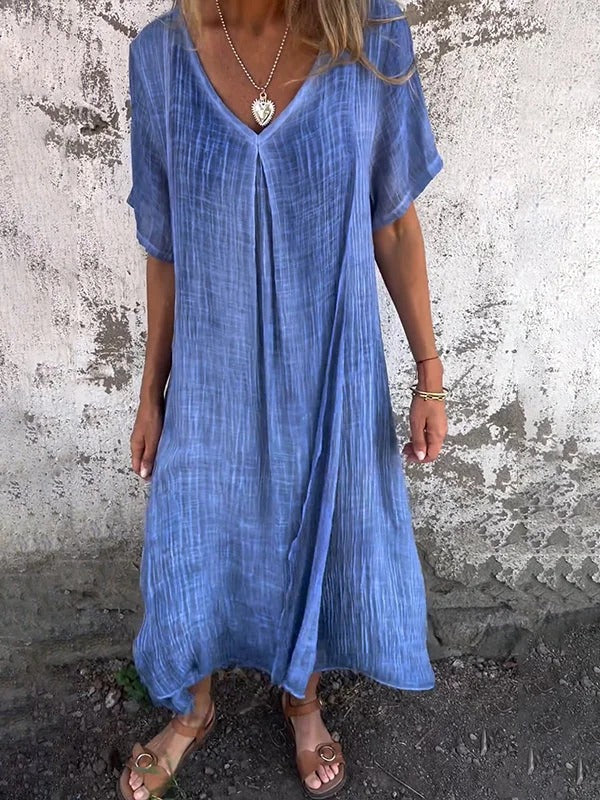 Women's Casual Cotton Linen wi Button Down 1/2 Long Sleeve Lapel V Neck Summer Midi Dresses