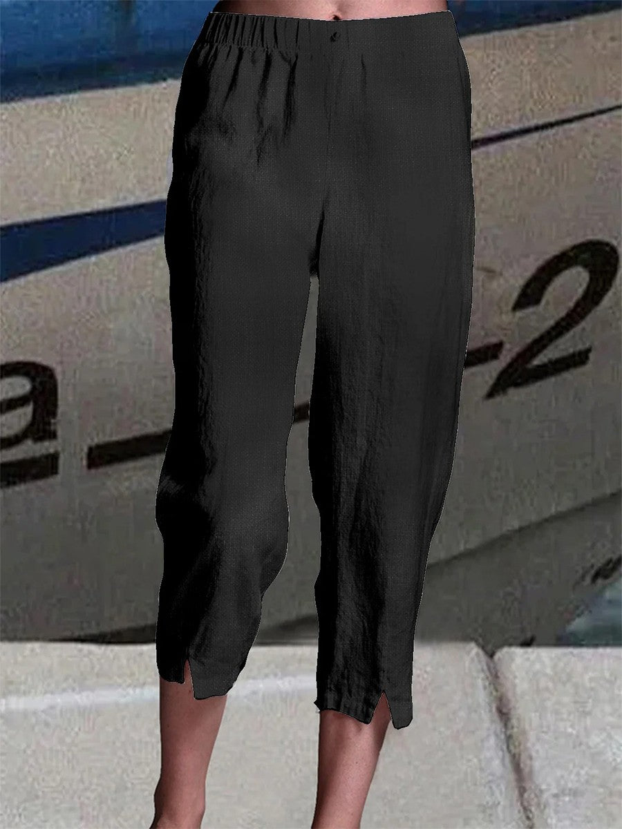 Women's Linen High Waist Pure White Casual Loose Pants with Pockets