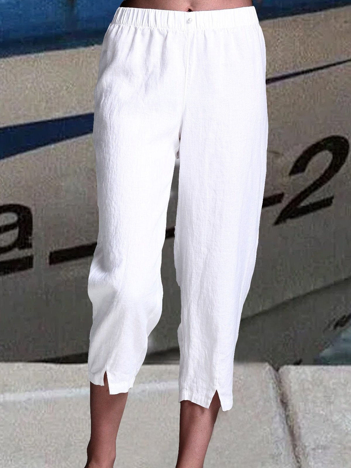 Women's Linen High Waist Pure White Casual Loose Pants with Pockets