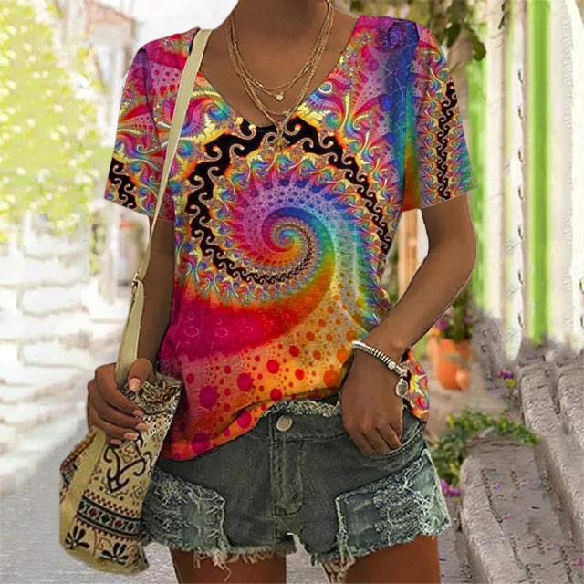 Women's V-Neck Summer Short Sleeve Rainbow Print Basic T-Shirt