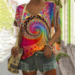 Women's V-Neck Summer Short Sleeve Rainbow Print Basic T-Shirt