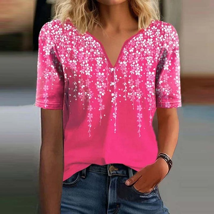 Women's Casual Loose Floral Print V-Neck Short Sleeve Button-Down Shirt