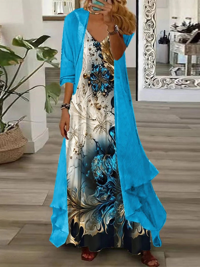 Women's V Neck Sleeveless Spaghetti Strap Floral Flowy Maxi Dress with Chiffon Solid Color Jacket 2 Piece Set