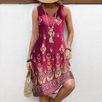 Burgundy Ethnic Print Sleeveless Short Dress