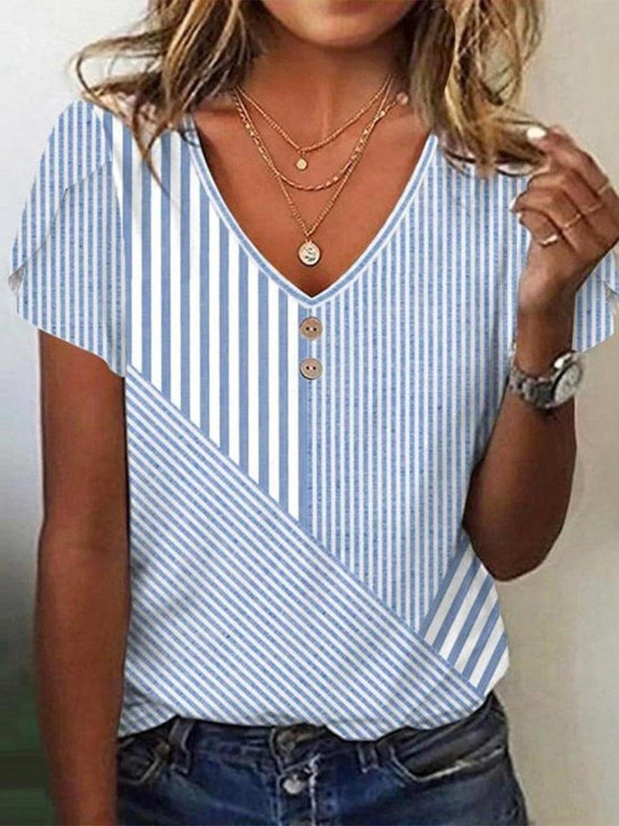 Blue Casual Striped V Neck Short Sleeve Blouse