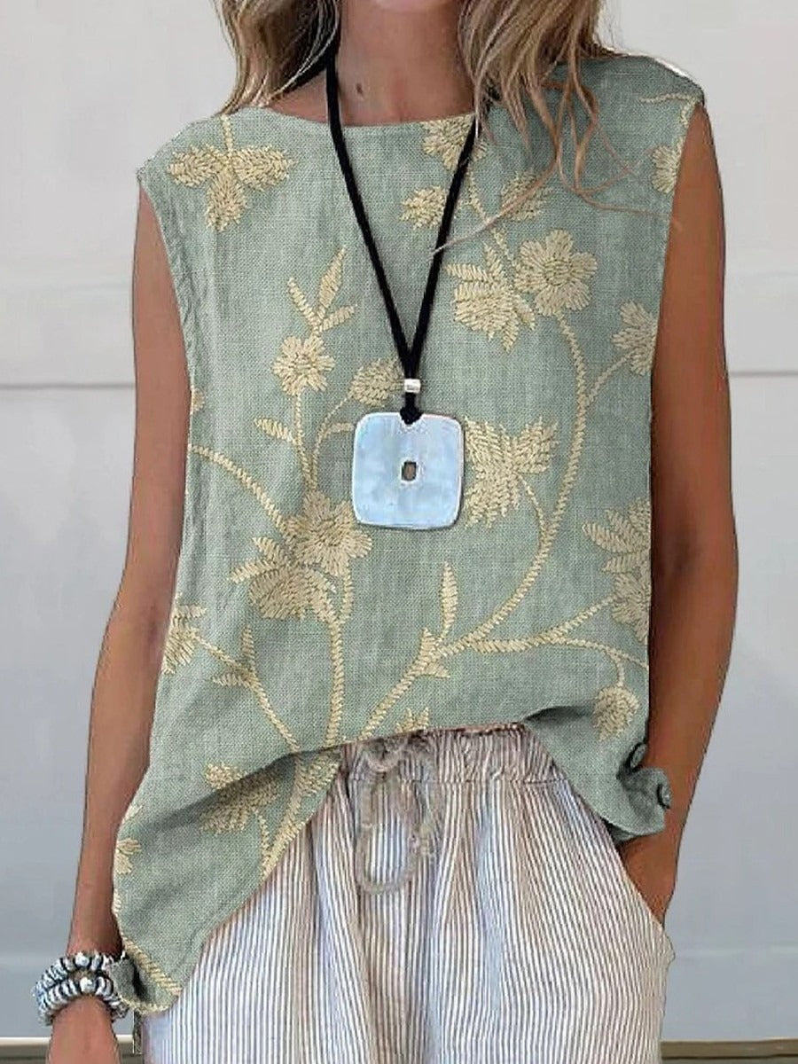Elegant Round Neck Floral Art Print Casual Tank