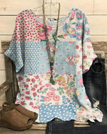 Retro Floral Crew Neck Short Sleeve Blouse
