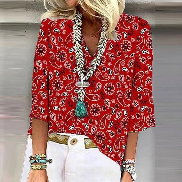 Showy Red Cartoon Print 3/4 Sleeves V-Neck Blouse