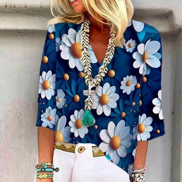 Chic Blue Floral Print 3/4 Sleeves V-neck Blouse