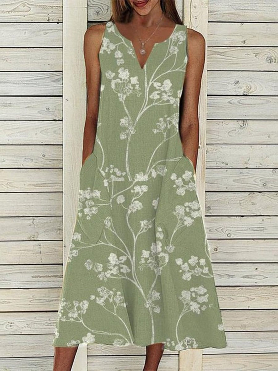 Sleeveless Floral Print V-neck Midi Dress