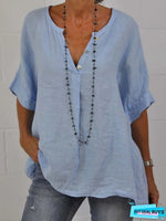 V-neck Casual Blue Plain Half Sleeve Tunic Blouse
