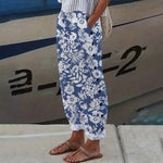 Blue Floral Print Side Pocket Pants