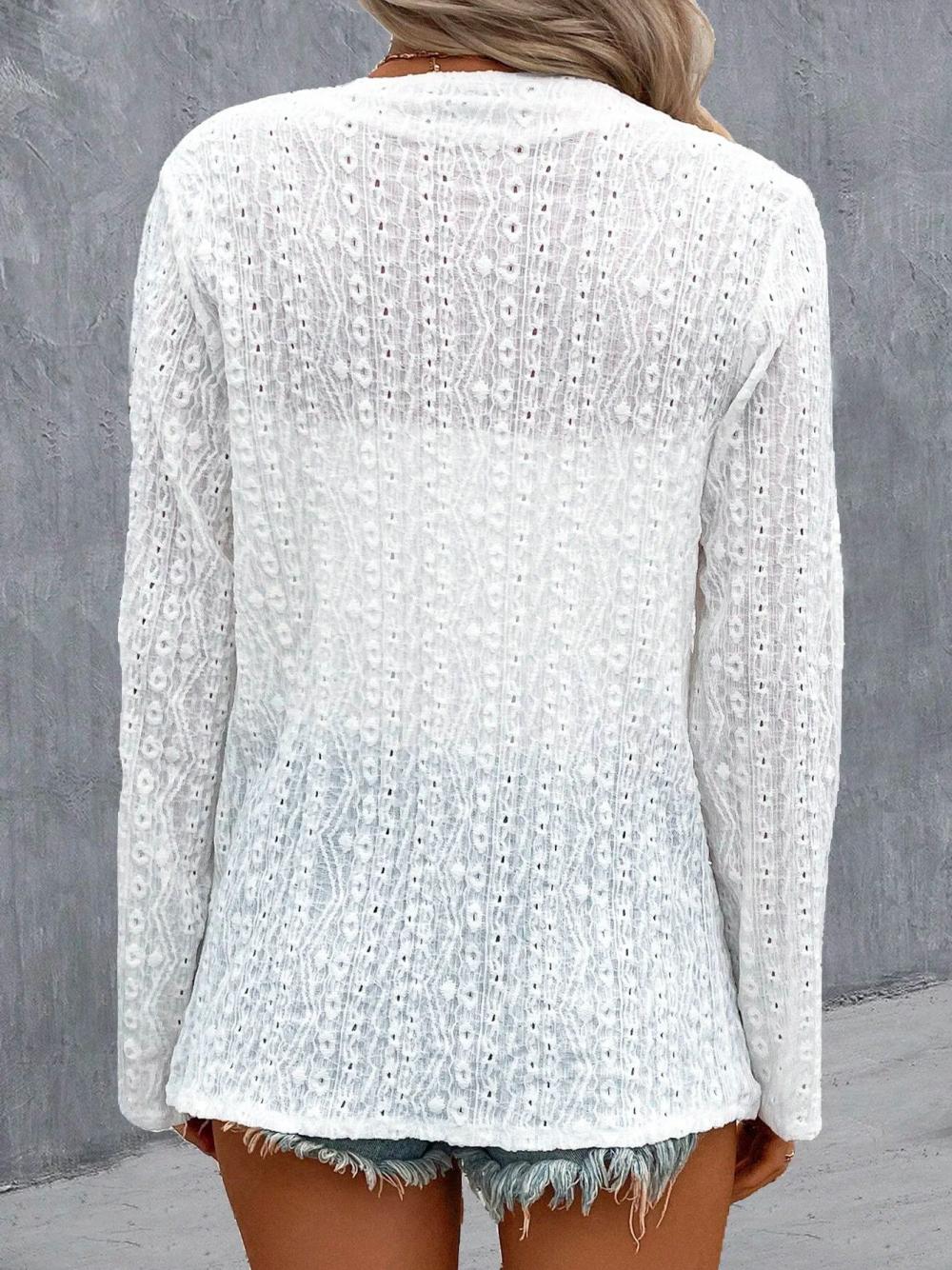 3/4 Sleeves Solid Embroidered Hollow Casual Loose Top