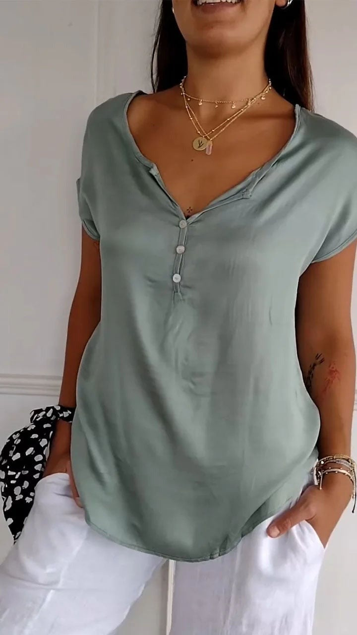 Solid Color Button V Neck Casual Short Sleeve T-Shirt