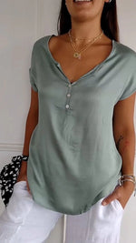 Solid Color Button V Neck Casual Short Sleeve T-Shirt