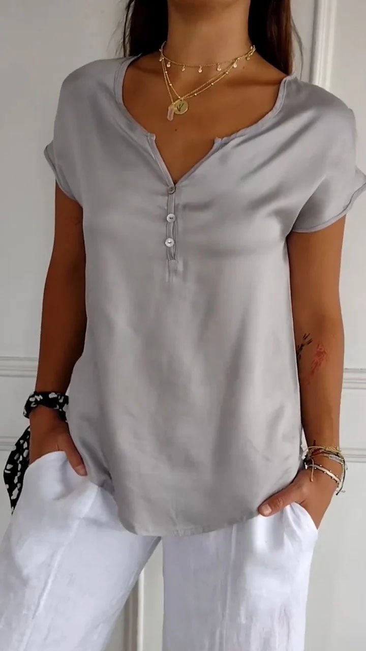 Solid Color Button V Neck Casual Short Sleeve T-Shirt