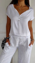 Solid Color Button V Neck Casual Short Sleeve T-Shirt