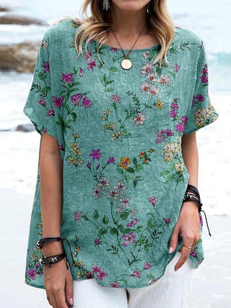 Green Summer Flower Print Crew Neck T-Shirt