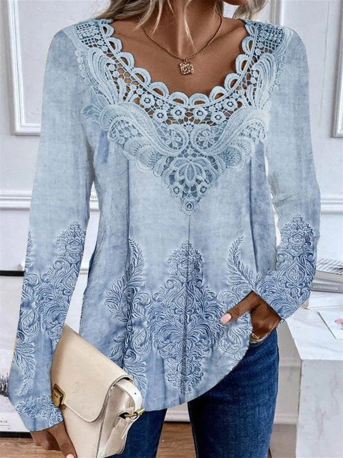Fashion Round Neck Long Sleeve Lace Loose Blouses