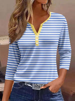 Casual Blue Striped V-neck Blouse