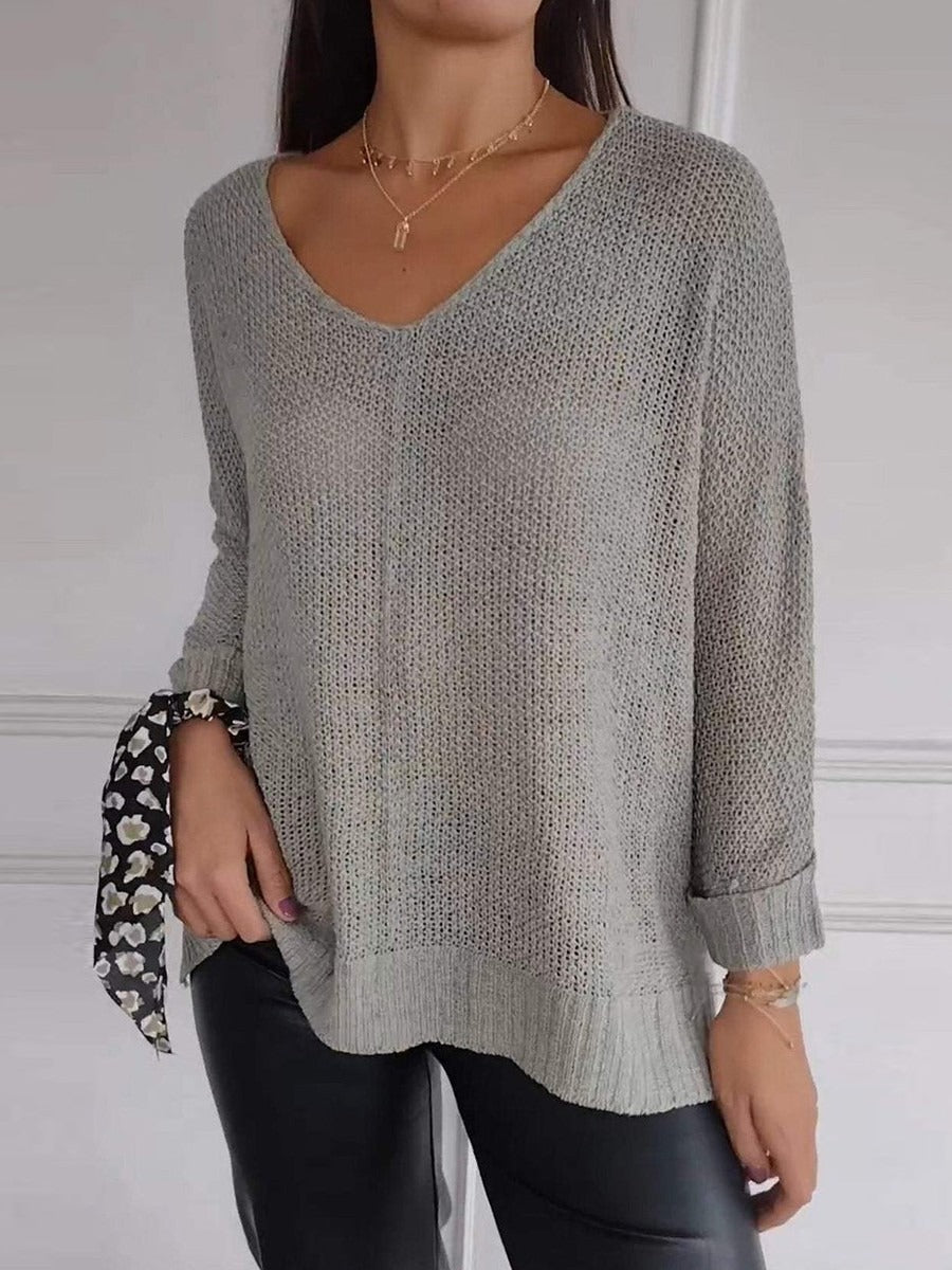 Casual Plain V-neck Knitted Long Sleeve Sweater