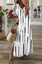 Casual V Neck Short Sleeve Striped Maxi Dress