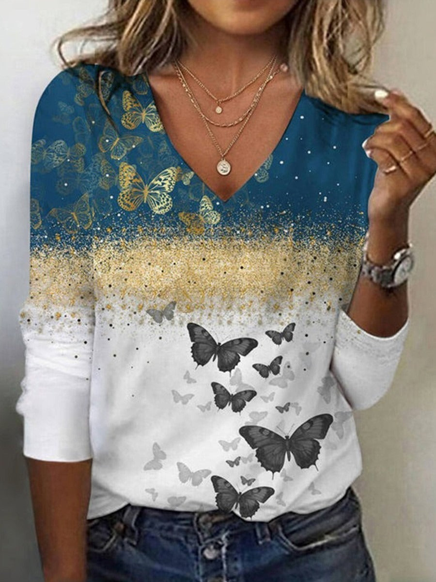 Vintage Butterfly Printed V-Neck Blouse