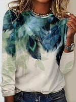 Leaf Print Round Neck Long Sleeve Comfy Blouse