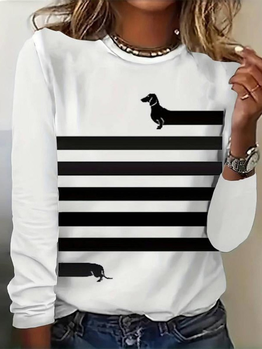 Animal Print Crew Neck Long Sleeve Cute Blouse