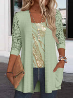 Striped Printed Two-Piece Long Sleeve Scoop Neck Top Pockets Lace