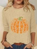 Halloween Pumpkin Print Crew Neck Long Sleeve Blouse
