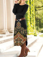 Black Floral Print Round Neck Midi Dress