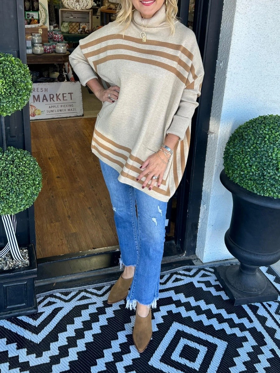Striped Turtleneck Bat Sleeve Sweater