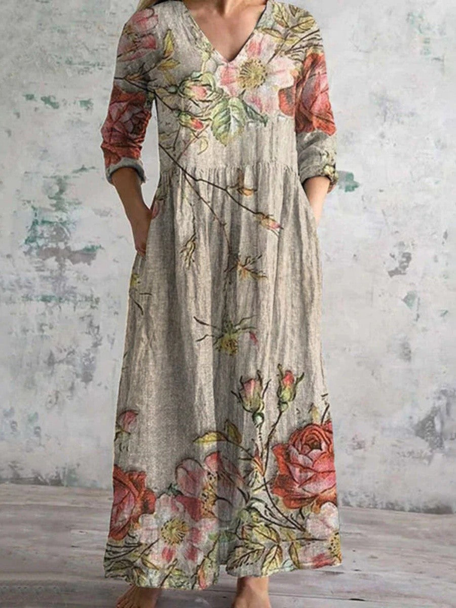 Vintage V-neck Long Sleeve Comfy Dress