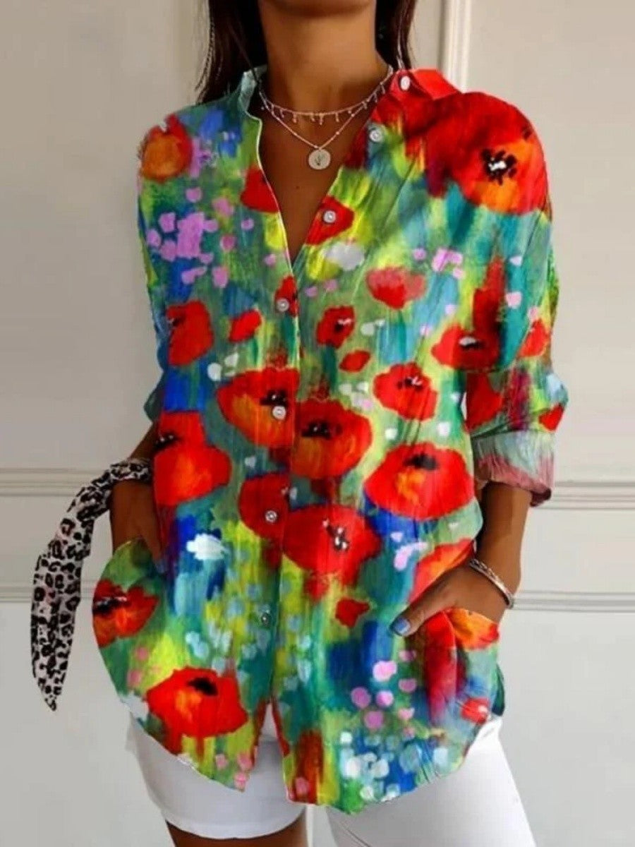 Abstract Lapel Long Sleeve Casual Blouse