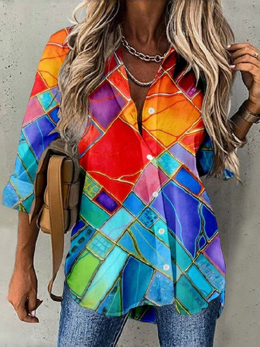 Abstract Geometric Lapel Long Sleeve Blouse