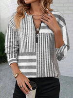 Striped V-neck Long Sleeve Zipper Casual Sweatshirt