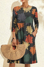 Leaf Print Crew Neck 3/4 Sleeves Loose Midi Dress