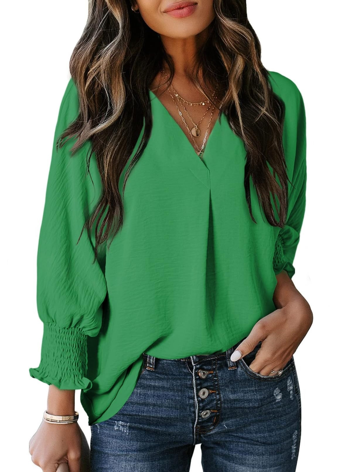 Women's Casual 3/4 Sleeves V-Neck Loose Basic T-Shirt